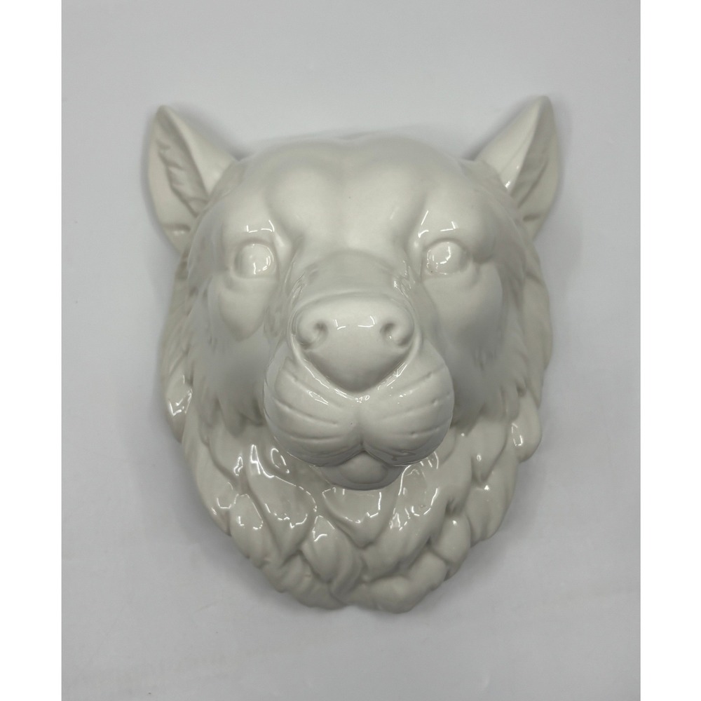White Ceramic Wolf Wall Mount Head Glossy Faux Taxidermy Wildlife Decor